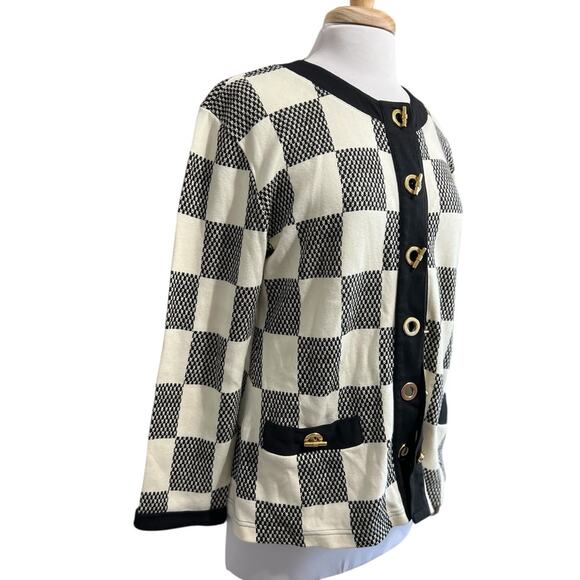 L'eau Vive Vintage Hong Kong Black Ivory Check Old Money Cardigan Toggle Sweater - Picture 2 of 6
